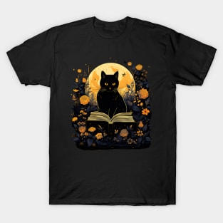 Floral Black Cat And Book Catshirt T-Shirt